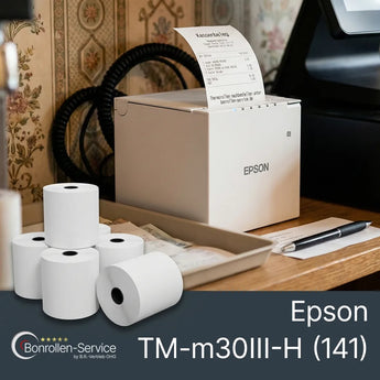 Epson tm-m30iii-h 141 bondrucker mit weißer box und mehreren bonrollen für den einsatz im kassenbereich