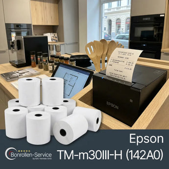 Schwarzer epson tm-m30iii-h bondrucker mit bonrollen und einem bonstreifen im ausgabeschacht