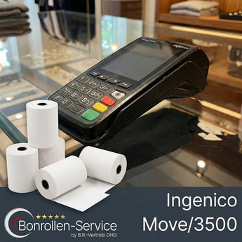 Schwarzes ingenico move/3500 ec-gerät mit farbigen funktionstasten und display für passende ec-rollen