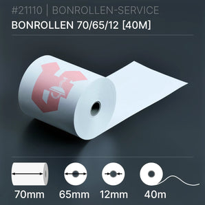 Weiße Bonrollen 70/65/12 [40m] mit pinkem Logo, Apothekenrollen Normalpapier