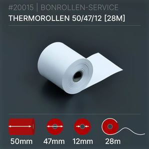 Thermorollen 50x47x12 (28m): Weiße Thermorolle, 28m lang, 50mm Kern, 47mm Ø