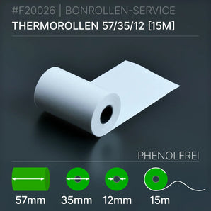 Thermorollen 57x35x12 (15m) phenolfrei, weißes Thermopapierrolle 57mm x 35mm Kern