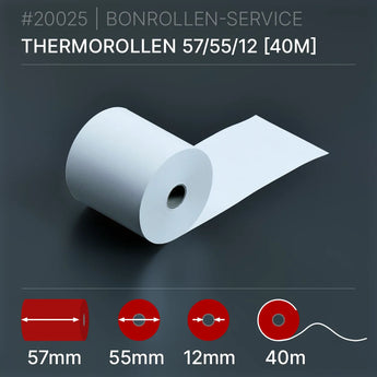 Thermorollen 57x55x12 (40m): weiße Thermorolle, 40m lang, 57mm Kern, 12mm Innendurchmesser