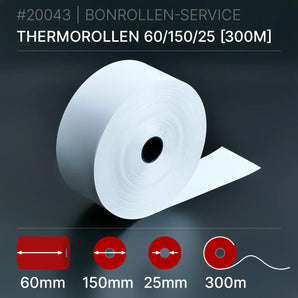 Thermorollen 60x150x25 (300m): Weiße Thermorolle, 300m, 60mm Kern, 150mm Ø
