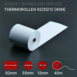 Thermorollen 62x55x12 (40m): weiße Thermorolle, 40m lang, 62mm Kern, 55mm Ø