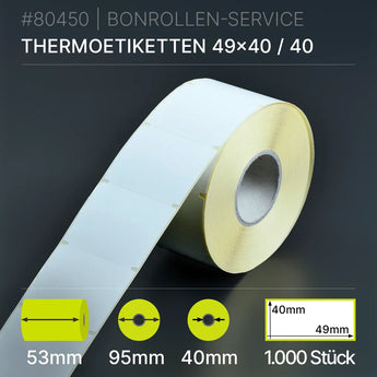 Rolle weißer Thermopapier-Etiketten 49mm x 40mm mit gelber Rückseite