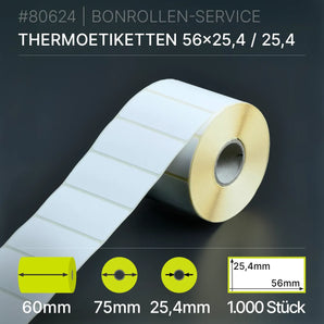 Weiße Thermo-Etiketten 56mm x 25,4mm bonrollen-service, metallischer Kern