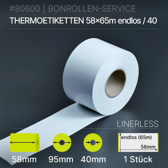 Linerless Etiketten 58 mm x 65 m, weißes Thermo-TOP Papierband
