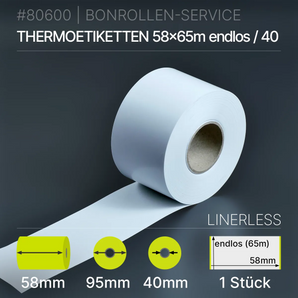 Linerless Etiketten 58 mm x 65 m, weißes Thermo-TOP Papierband