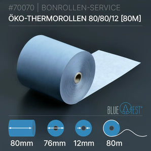Öko-Thermorollen 80x80x12 (80m) hellblau, 80m Rolle, 76mm Kern, 12mm dick