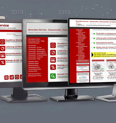 Ein schlankes, modernes Tablet, das eine lebendige Benutzeroberfläche einer Einzelhandels-Website mit kühnen roten und weißen Designelementen anzeigt.