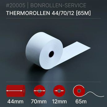 Thermorollen 44x70x12 (65m): Weiße Thermorolle mit 70mm Kern, 65m Länge