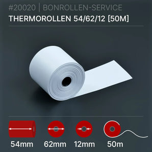 Thermorollen 54x62x12 (50m): weiße Thermopapierrolle, 50m, 62mm Kern, 12mm Innendurchmesser
