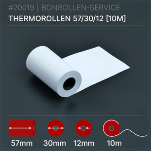 Thermorollen 57x30x12 (10m): Weiße Thermorolle, 10m lang, 57mm Kern, 30mm Innendurchmesser