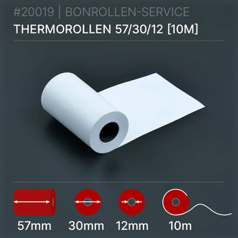 Thermorollen 57x30x12 (10m): Weiße Thermorolle, 10m lang, 57mm Kern, 30mm Innendurchmesser