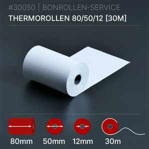 Thermorollen 80x50x12 (30m): weißes Thermopapier, 30m lang, Kern 12mm