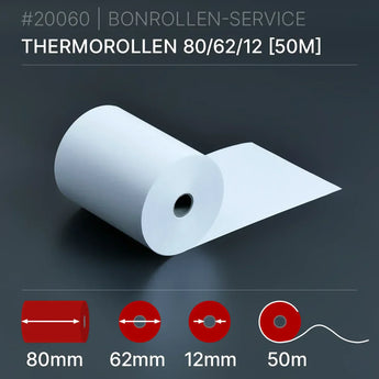 Thermorollen 80x62x12 (50m): weiße Thermorolle, 50m lang, 62mm Kern, 80mm Ø