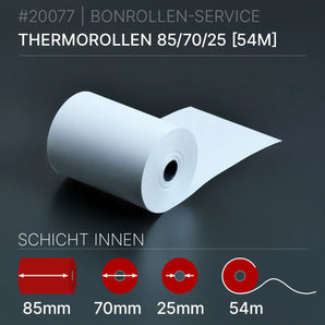 Thermorollen 85x70x25 (54m) Innenwicklung, weißes Thermopapier, 85 mm Kern, 54 m