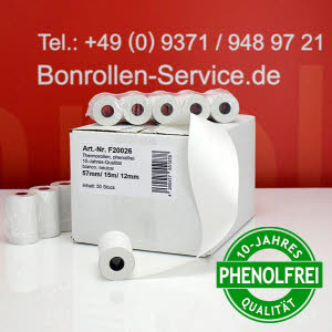 Kurze Thermorollen / Kassenrollen 57/15m/12 - phenolfrei, weiß, außenbeschichtet